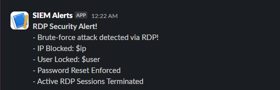 Slack security alert showing SSH and RDP brute-force detection with automated IP blocking and user lockout