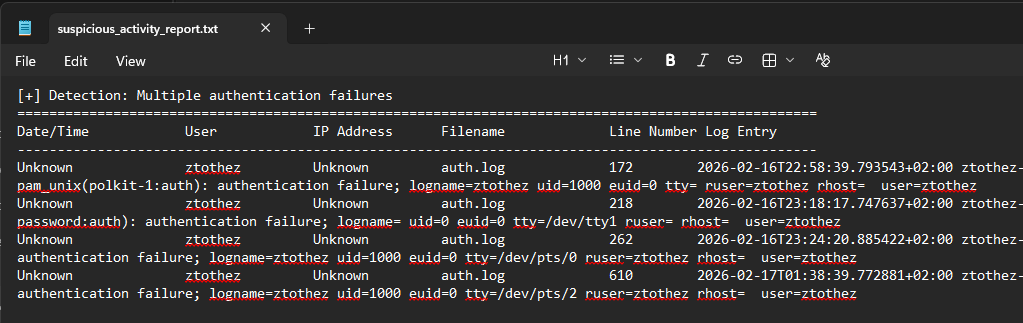 Python-based authentication failure detection tool parsing Linux auth.log and generating structured security report